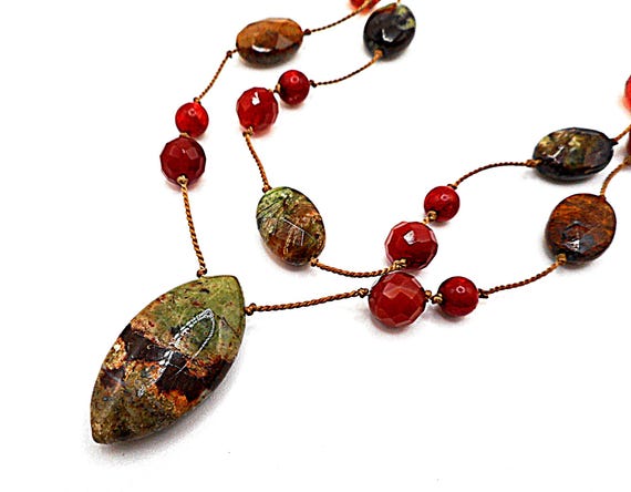 Rainforest Jasper Semi Precious Gemstone Necklace DBL Strand Handmade
