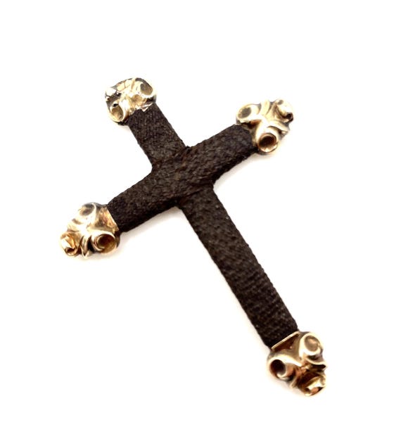 Antique Victorian Mourning Cross Pendant, Human Hair Memorial Jewelry, Gothic | Mori Memento Jewelry, 1800s