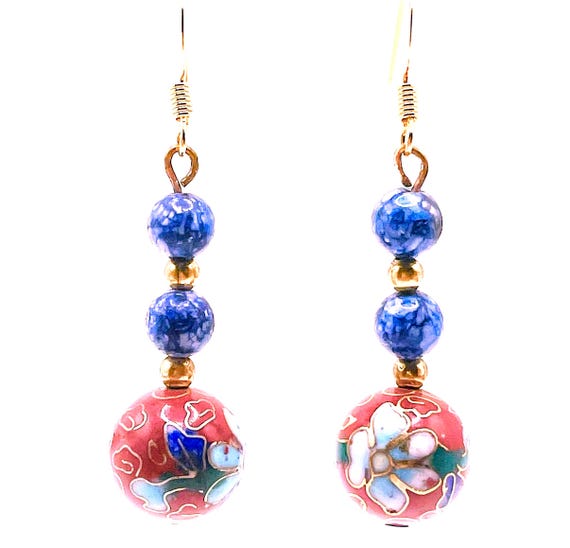 Chinese Cloisonné Enamel Bead Dangle Earrings Blue/ Sienna Color Floral Pattern