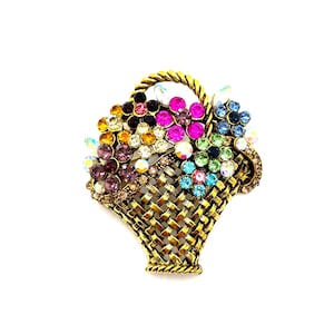 Vintage-inspirierte Strass Blumenkorb Brosche - Multicolor Steine, Antik Gold Ton