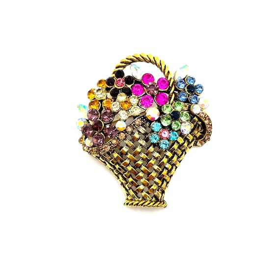 Vintage-Inspired Rhinestone Flower Basket Brooch – Multicolor Stones, Antique Gold Tone