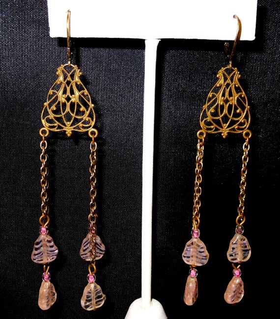 Art Nouveau Style Brass Filigree Pink Art Glass Dangle Earrings Lever Back Long