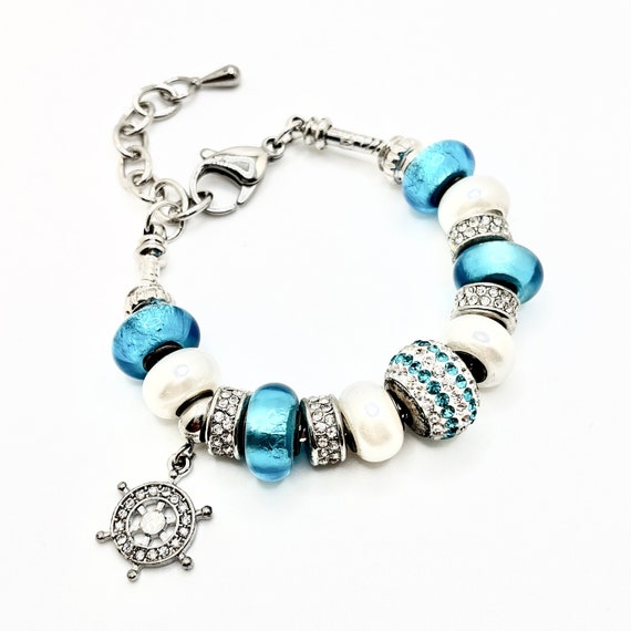 Handmade European Style Charm Bracelet - Oceanic Nautical Theme, Adjustable Length, Silver Plated