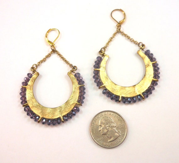 Amethyst Beaded Hoop Earrings 14K Gold Plated Lev… - image 4