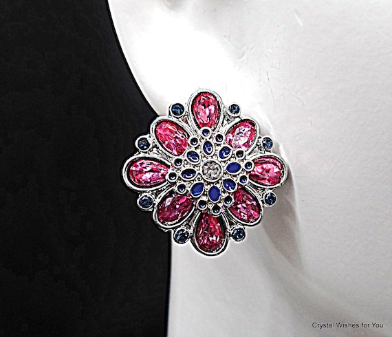 Pink Rhinestone Flower Earrings Purple Enamel Silver Tone Studded