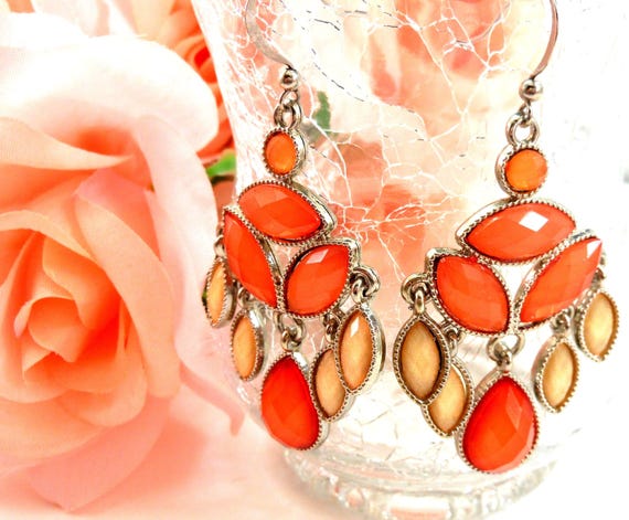 Chandelier Dangle Statement Earrings – Coral & Peach Acrylic Rhinestones – Silver Tone – 2.25" Long – Wire Hook – Glam Boho Vibes