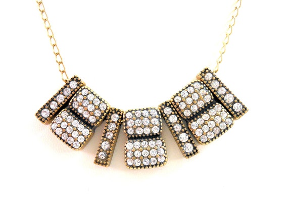 J. Crew Casual Dress Necklace - Versatile, Small Bib Style - Clear Crystals, Gold Tone - Adjustable Length