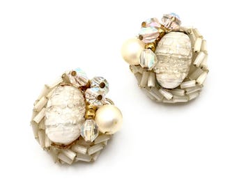 Vintage Glass Bead Cluster Clip Earrings: Mid Century Faux Pearl, AB Crystals