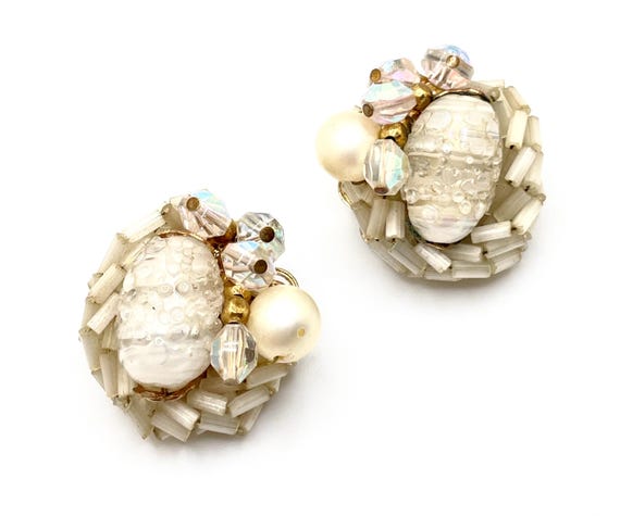 Vintage Glass Bead Cluster Clip Earrings: Mid Century Faux Pearl, AB Crystals