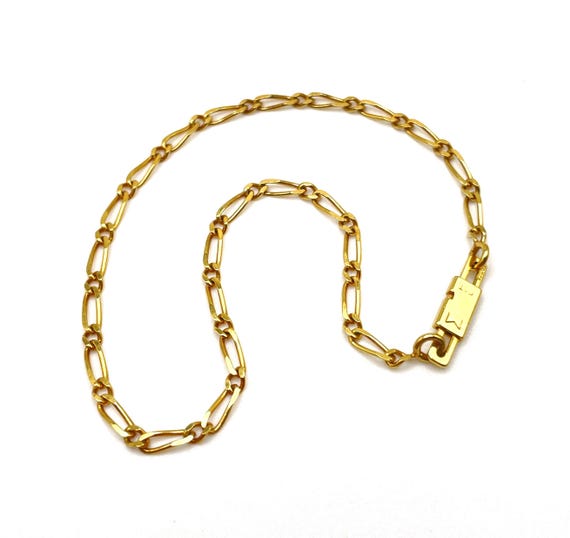 Vintage French Gold Plated Flat Figaro Chain Bracelet Dainty Minimalist Mid Century Jewelry