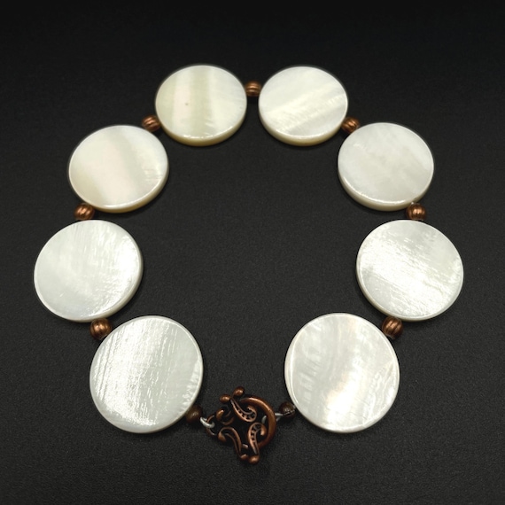 Handmade Vintage Mother of Pearl Disc Bracelet Copper Toggle Boho Jewelry Gift for Her
