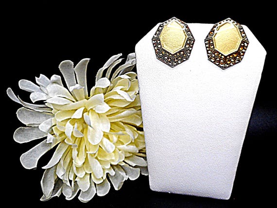 Art Deco Style ~ Pierre Bex ~ Golden Geometric Earrings 1" Studded