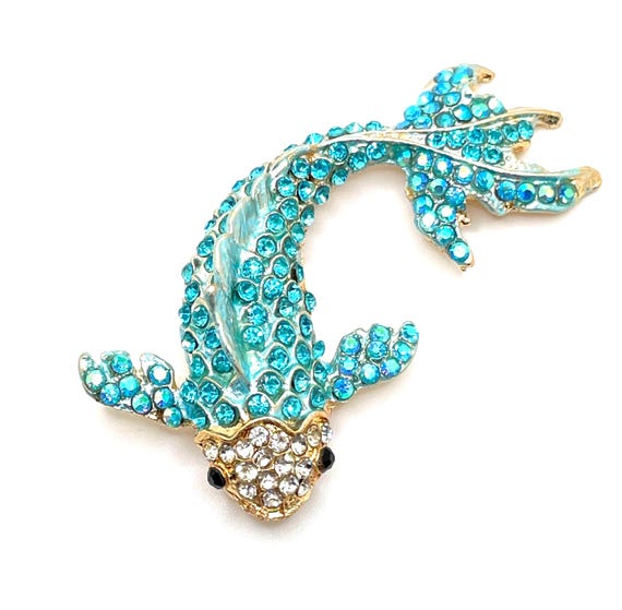 Sparkling Turquoise Koi Fish Brooch Pendant | AB Rhinestones & Clear Pave | Gold Tone Enamel Fish Jewelry | DIY Craft Supply