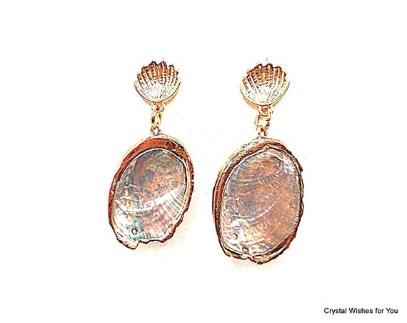 Natural Abalone Shell Iridescent Dangle Earrings | 24K Gold Encrusted | Handmade Elegance