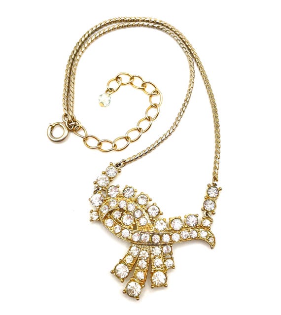 Vintage 1950s Rhinestone Bow Ribbon Necklace Gold Tone Crystal Glass Statement Pendant Adjustable