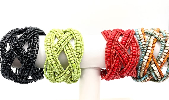 Vintage Hand Beaded Memory Wire Wrap Bracelets – Criss Cross Design Choice of 4 Colors
