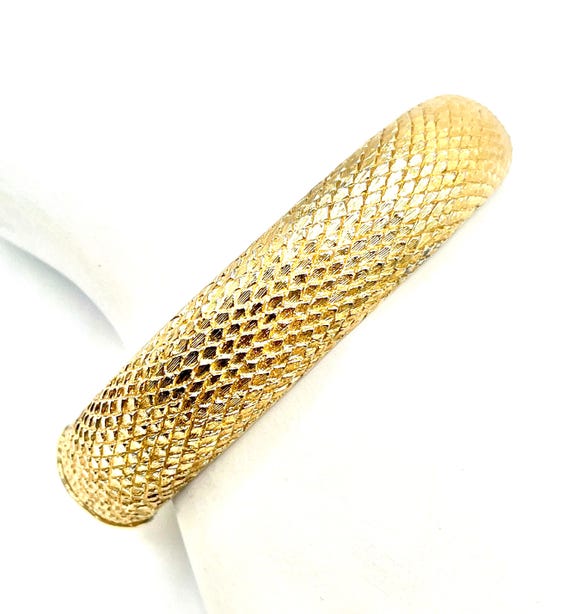 Vintage Monet Gold Plated Snake Skin Textured Hinged Bangle Bracelet Signed Designer Jewelry
