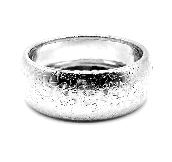 Vintage Embossed Metal Bangle Bracelet - Floral Pattern, Silver Tone Elegance