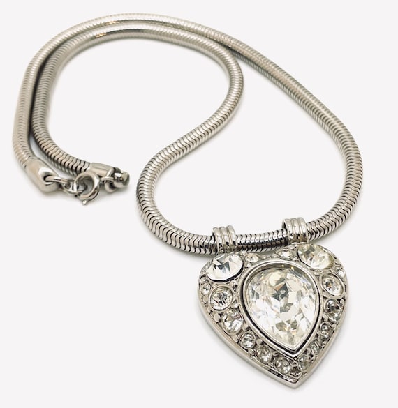 Vintage PS Co Clear Rhinestone Heart Pendant Necklace – Signed Plainville Stock Co