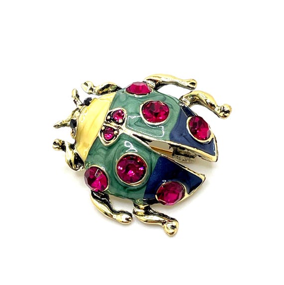 Multicolor Enamel Ladybug Brooch – Fuchsia Rhinestones – Gold Tone – 1.25" – Cute Bug Pin – DIY Ready