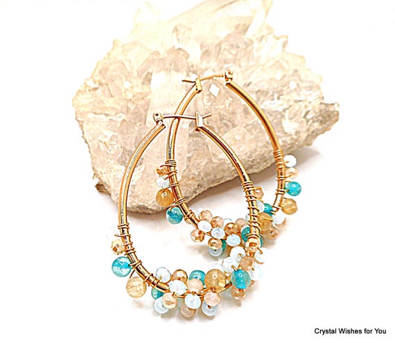 Beaded Oval Hoop Dangle Earrings -  Semi-Precious Stones, Assorted Beads - Gold Tone - Handmade