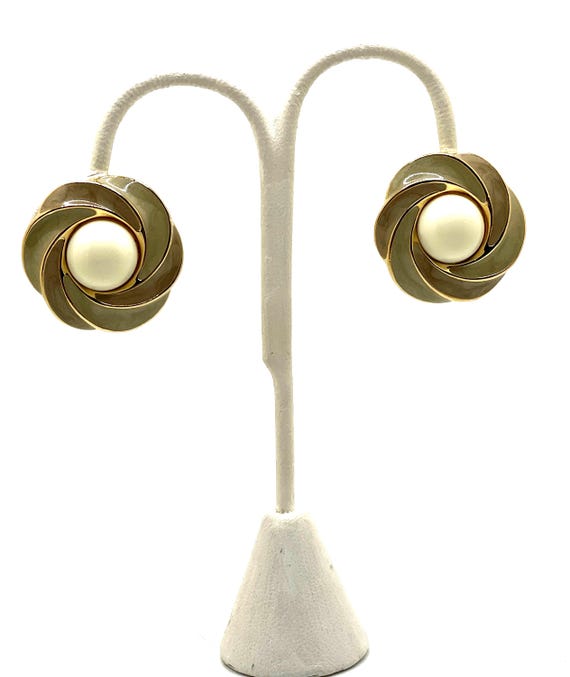 Vintage Trifari 1980s Domed Lucite & Enamel Swirl Button Clip Earrings
