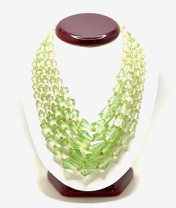 Multi Strand | Graduated | Green Lucite | Bell Bead | Statement Necklace | Signed Japan | Mid Century