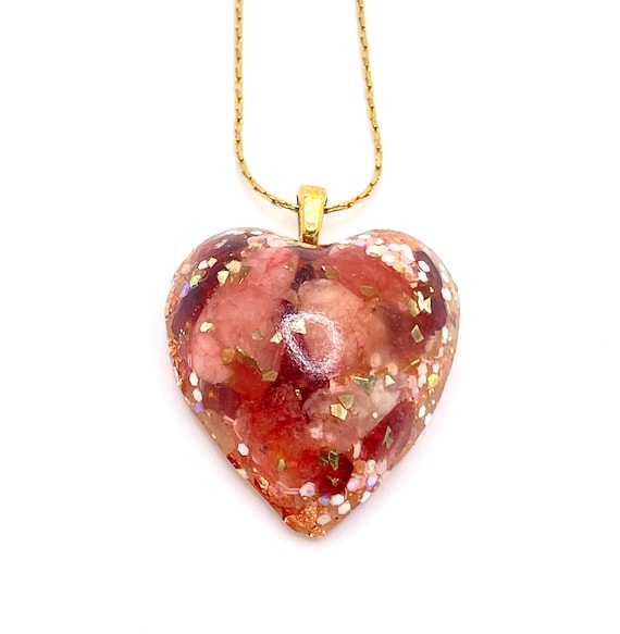 Handmade Puffy Resin Heart Necklace • Rose Quartz - Garnet Orgone Pendant • 14K Gold Plated Chain • Copper Foil -Glitter