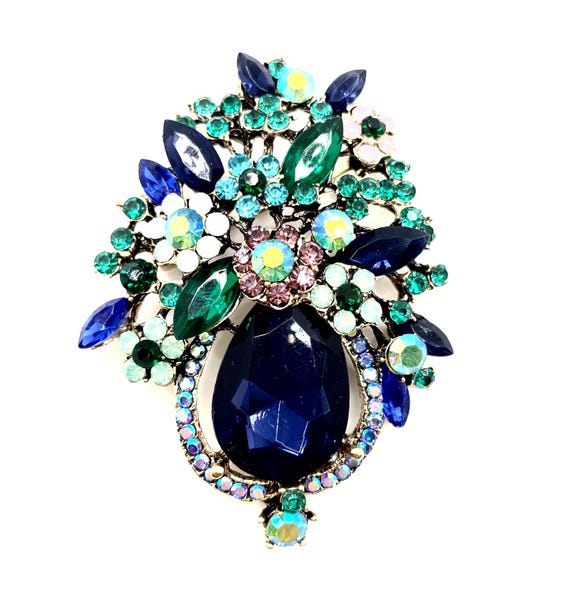 Large Floral Vase Rhinestone Brooch – Multicolor Blues Greens - Crystal Flowers in Antique Gold Tone - DIY