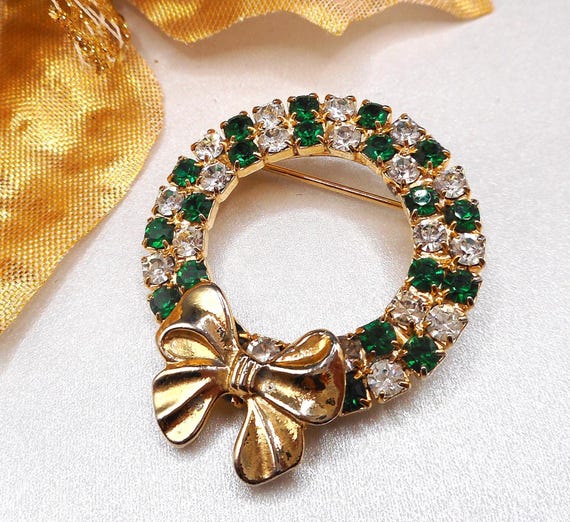 Christmas Rhinestone Wreath Lapel Pin Brooch - Double Row, Green, Clear Color Gold Tone