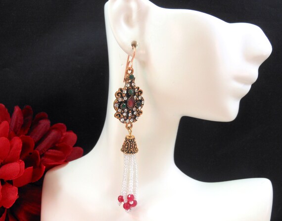 Jeweled Tassel Earrings Faux Ruby Emerald Rose Gold Plated 3.75"L