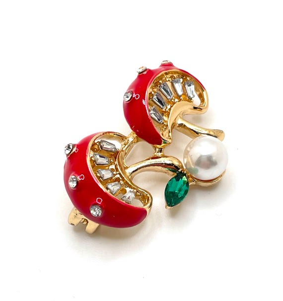 Magic Mushroom Rhinestone & Enamel Brooch Pin – Amanita Muscaria Inspired – Faux Pearl Accent