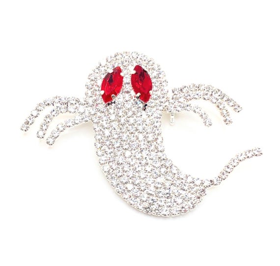 Sparkling Clear Prong Set Rhinestone Ghost Brooch Pin – Silver Tone | Halloween Jewelry