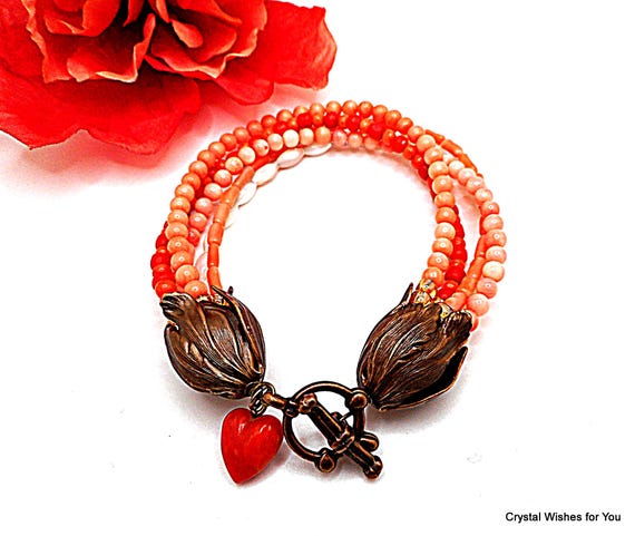 Unique Multi Strand Coral Mother of Pearl Toggle Bracelet Handmade OOAK