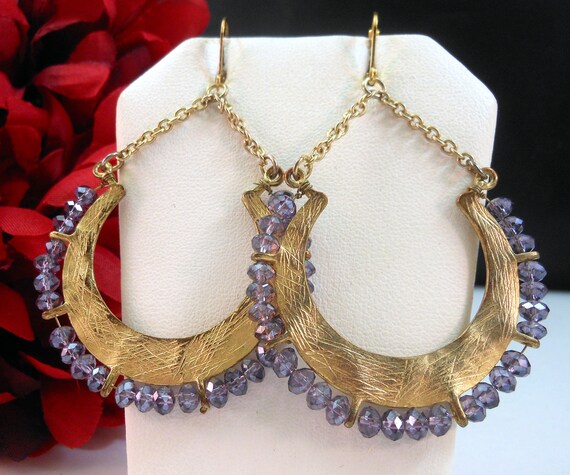 Amethyst Beaded Hoop Earrings 14K Gold Plated Lev… - image 6