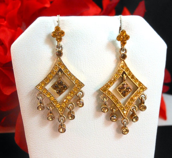 Exquisite Geometric Rhinestone Chandelier Dangle Earrings Golden Color Studded
