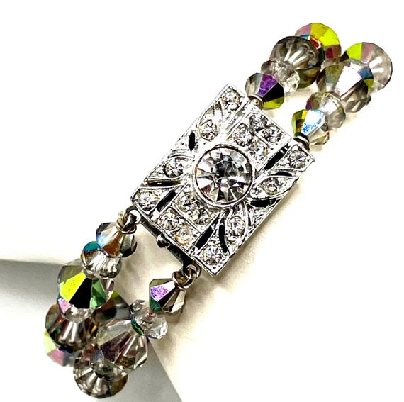 Vintage DBL Strand Black Diamond AB Crystal Bracelet | Rhinestone Clasp | 1950's