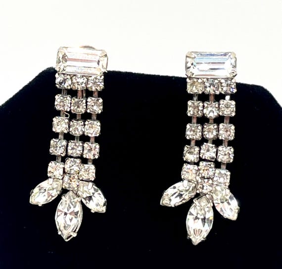 Vintage Mid-Century Clear Rhinestone Dangle Earrings – Screw Back – Baguette, Round & Navette Stones