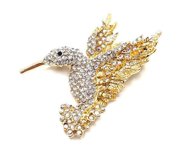 Sparkling Hummingbird Brooch Pendant | Clear AB Rhinestone Pave Set | Gold Tone Bird Jewelry |  DIY Craft Supply Gift for Bird Lovers
