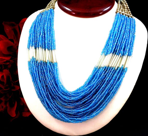 Multi-Strand Glass Bead Statement Necklace – 36 Strands – Iridescent Blue & White – Handmade – 18.5"