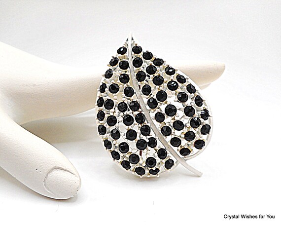 Lisner Black Rhinestone White Enamel Leaf Brooch SZ 1.75"