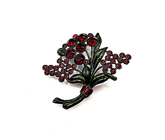 Floral Bouquet Brooch Pin Garnet Red Rhinestones Green Enamel