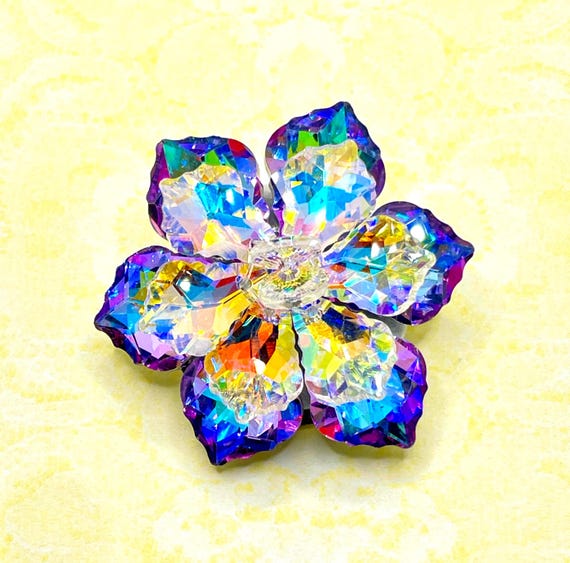 Handmade Beaded Flower Brooch | AB Austrian Crystal | Purple & Clear Sparkle | 3 Dimensional | 2” Diameter | Gift-Ready