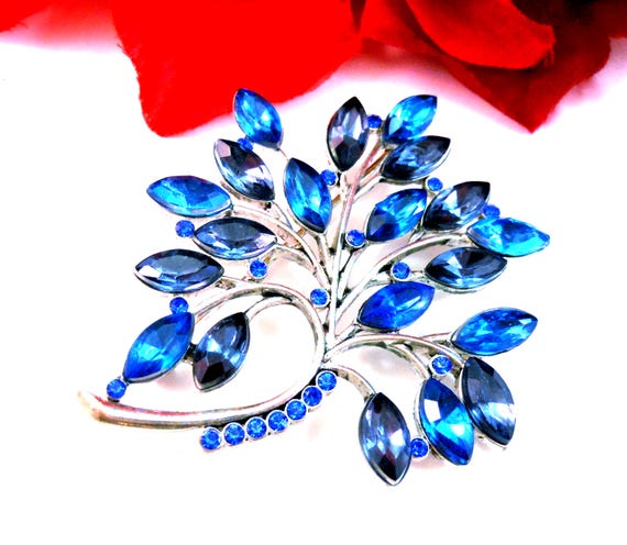Large Blue Tri-Color Rhinestone Floral Tree Brooch Pin | Vintage Silver Tone Pin