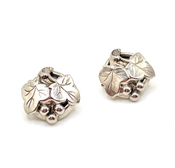 Vintage Victorian Revival Grape Vine Clip Earrings Silver Tone Leaves Mid Century