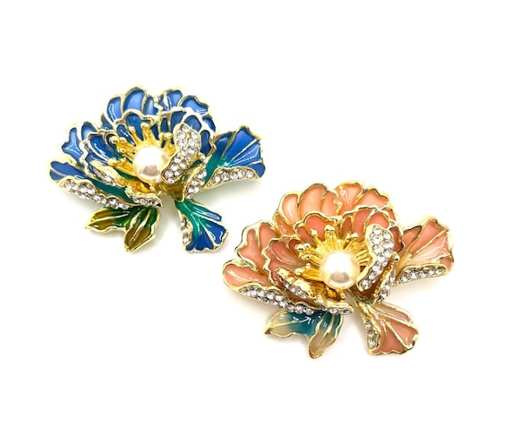 Art Nouveau Style Plique-à-Jour Enamel Lotus Flower Brooch – Blue or Pink | Faux Pearl Center, Rhinestone Accents, Gold Tone Pin | DIY Craft