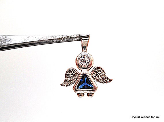 Sterling Silver Angel Charm/Pendant with Sapphire Blue CZ – September Birthstone