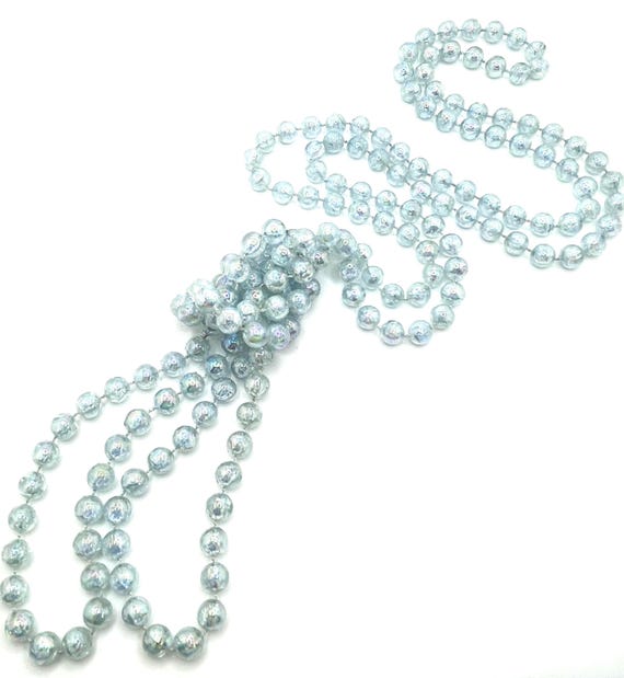 Vintage Aurora Borealis Bead Flapper Necklace - 70" Iridescent Light Blue