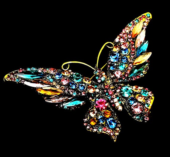 Enchanting BeJeweled Butterfly Brooch/Pendant - Antique Gold Tone, Hand-Set Rhinestones