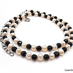 Collier de perles d'eau douce blanches et onyx noires en argent sterling 925 de 15 à 18 pouces